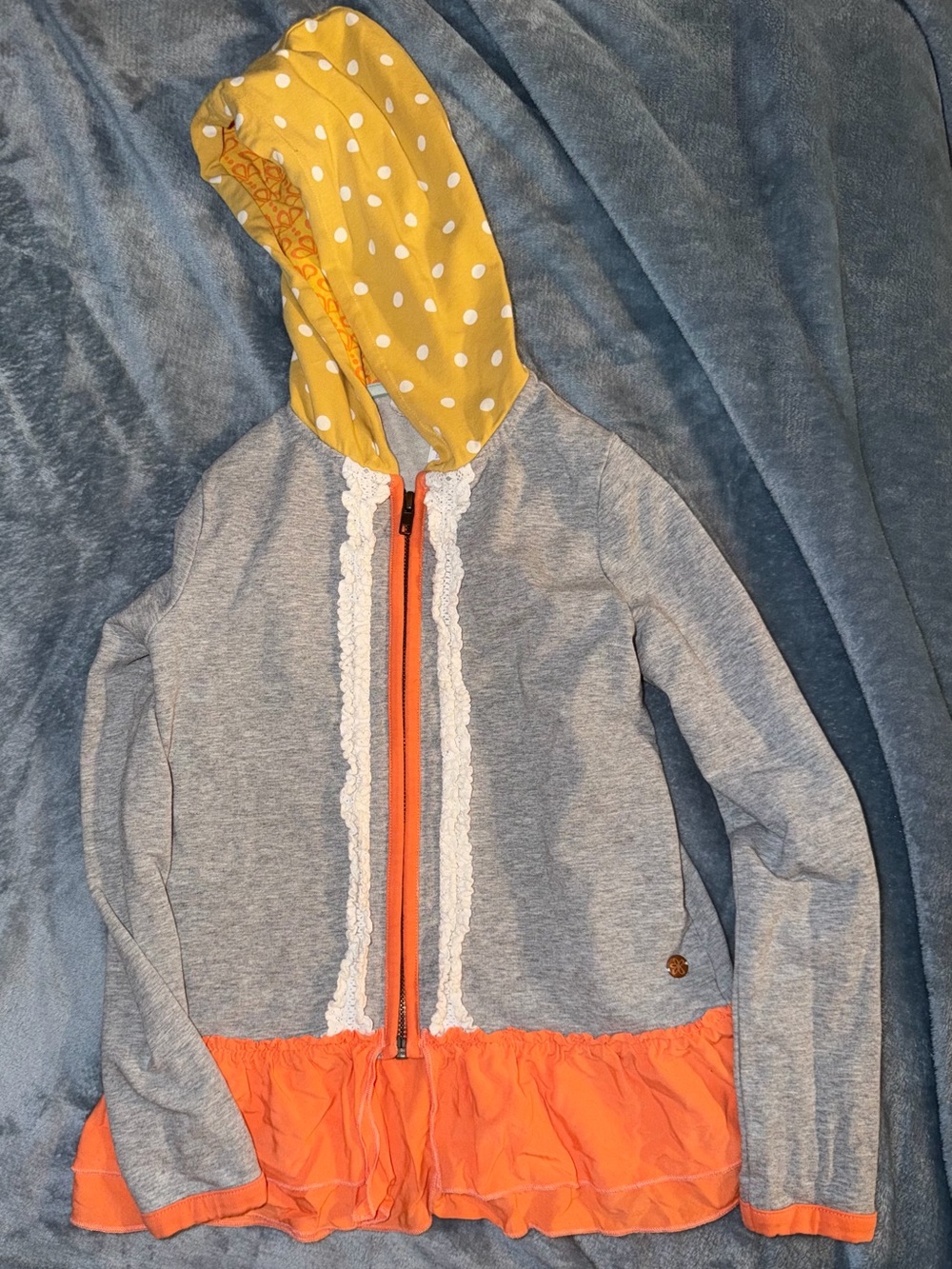 Matilda Jane Gray Zip Hoodie with Yellow Polka Dot Hood & Orange Ruffle